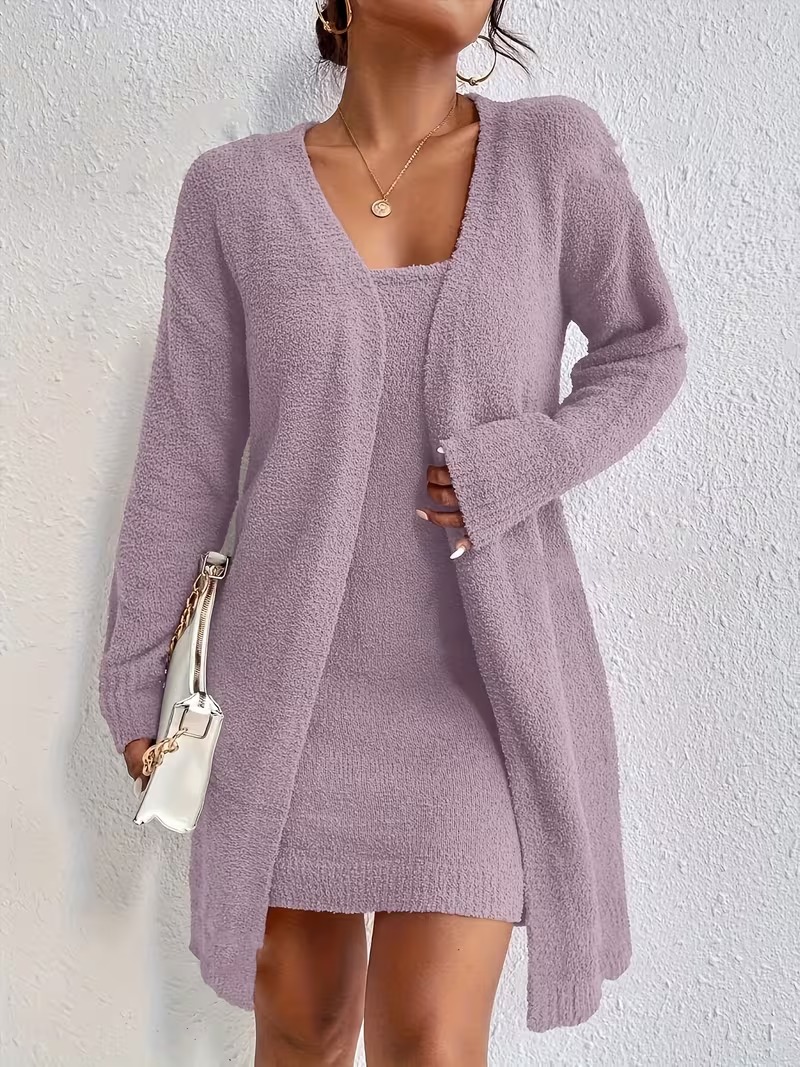 Women's Plush Cardigan and Mini Dress Lounge Set